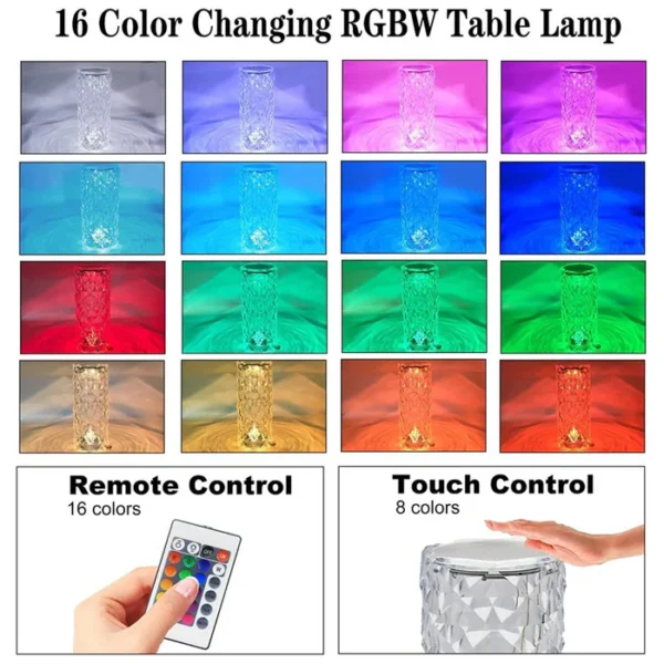 Crystal Touch Night Light (16 Colors) - Rose Diamond Table Lamp with Remote Control, USB Table Lamp, Romantic Date Lighting Decor for Festival, Bedroom, Dining Room - Image 4